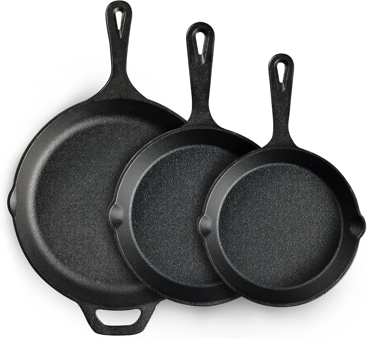 3-Piece Round Heavy-Duty Pre-Seasoned Cast Iron Skillet Set (6in, 8in, 10in Pans) - Chef Quality Cookware, Immediate Use, Non-Stick, Induction Compatible, Heat-Safe Up to 500°F, PFOA-Free, for Frying, Baking, Hand Wash Only