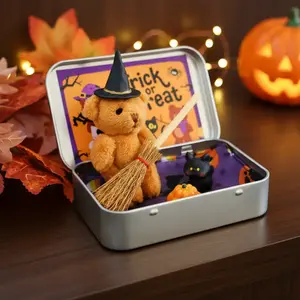 Halloween Themed Gift Box Teddy Bear Trick-Or-Treat Mini Wizard Blanket Broom Pumpkin Cat Decorations, Perfect for Home Party Decoration