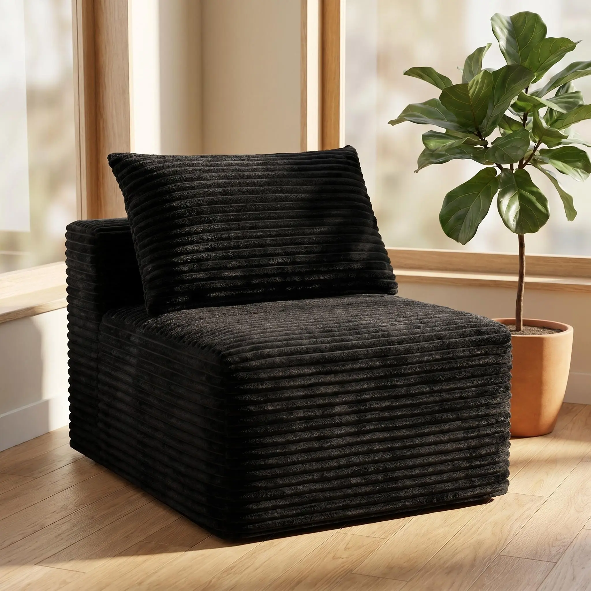 Corduroy Modular Compression Sofa, Legless Floor-Hugging Armless Accent Chair, Single Seat Floor Sofa for Living Room & Bedroom,Black
