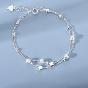 FASHION4U - Luxury 925 Sterling Silver Star Beaded Bracelets For Women Original Designer Double Layered Adjustable Bracelet Party Jewelry
