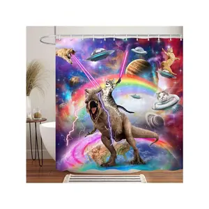 Washable Peach Stainless Steel Hook Funny Cat Shower Curtain, Bathroom Decor with Cool Dinosaur-Riding Fantasy Galaxy Design, Funky Outer Space Anime Fabric