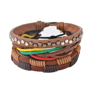 lrc Unisex Cowhide Leather Bracelet - Hand-Woven Multilayer, Geometric Bead Punk Wrap, Adjustable Vintage Daily Fashion Costume Jewelry