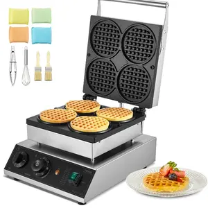 VEVOR Commercial Waffle Maker, Dual-Head Round Waffle Baker Machine, 2460W Non-Stick Stainless Steel Belgian Waffle Iron with Temp and Time Control, Handle, for Restaurant Bakery Snack Bar Family