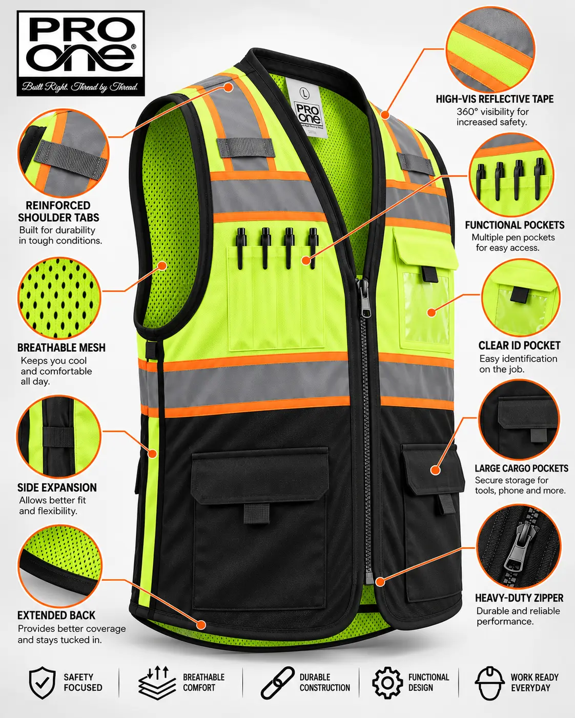 Pro One High-Vis Reflective Safety Vest for Trade Jobs - SV802Z
