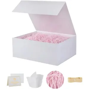 White Gift Box 9.5x6x3 inch Small Luxury Collapsible with Magnetic Lid Contains Card Ribbon Tissue Paper Shredded Paper Filling for Birthday Christmas