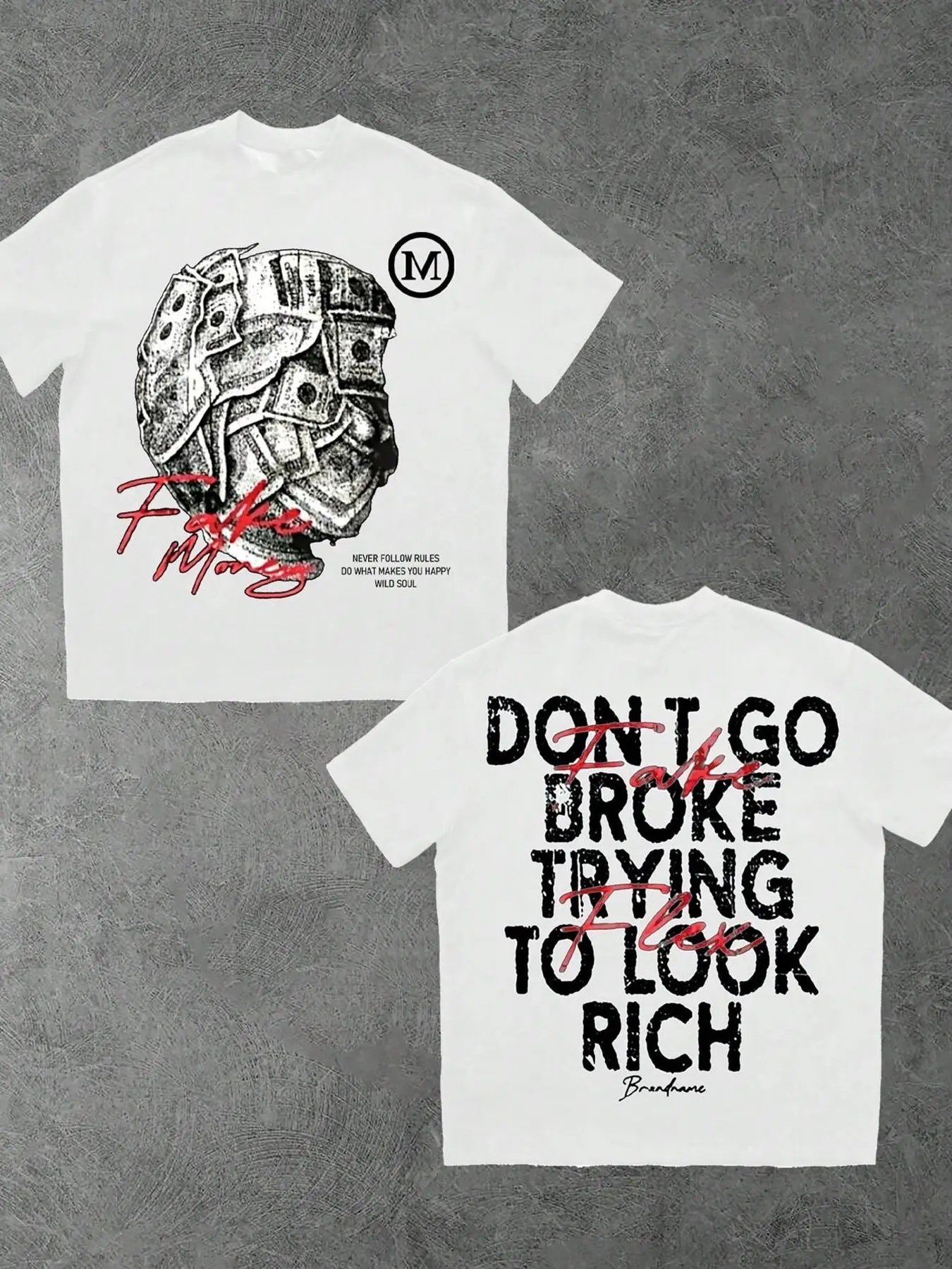 Streetwear Menswear Oversized Unisex Graphic Fitted Round Neck T-Shirt for Men & Women | Casual Crew Neck Aesthetic Vintage Distressed Money Print Slogan Tee | Bold "Don't Go Broke" Statement Top for Urban Hypebeast Outfits & Daily Street Style Fashion