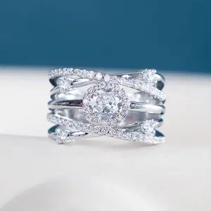 Sterling Silver Shiny Geometric Line Criss Cross Ring Cubic Zirconia Rings CZDiamond Multi Row Ring Eternity Engagement Wedding Band Ring for Women