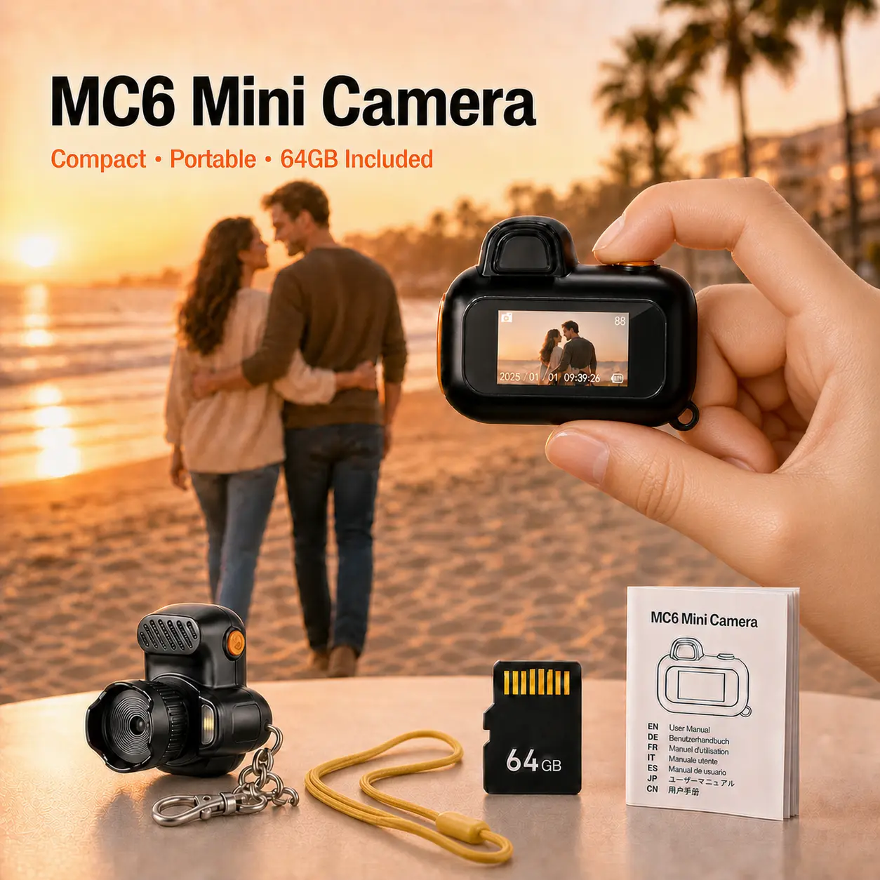 MC6 Mini Camera, Pocket-Size Digital Camera with 64GB Card, Keychain and Lanyard, Rear Preview Screen, Lightweight Portable Camera for Travel, Parties, Daily Moments and Gifts, Black