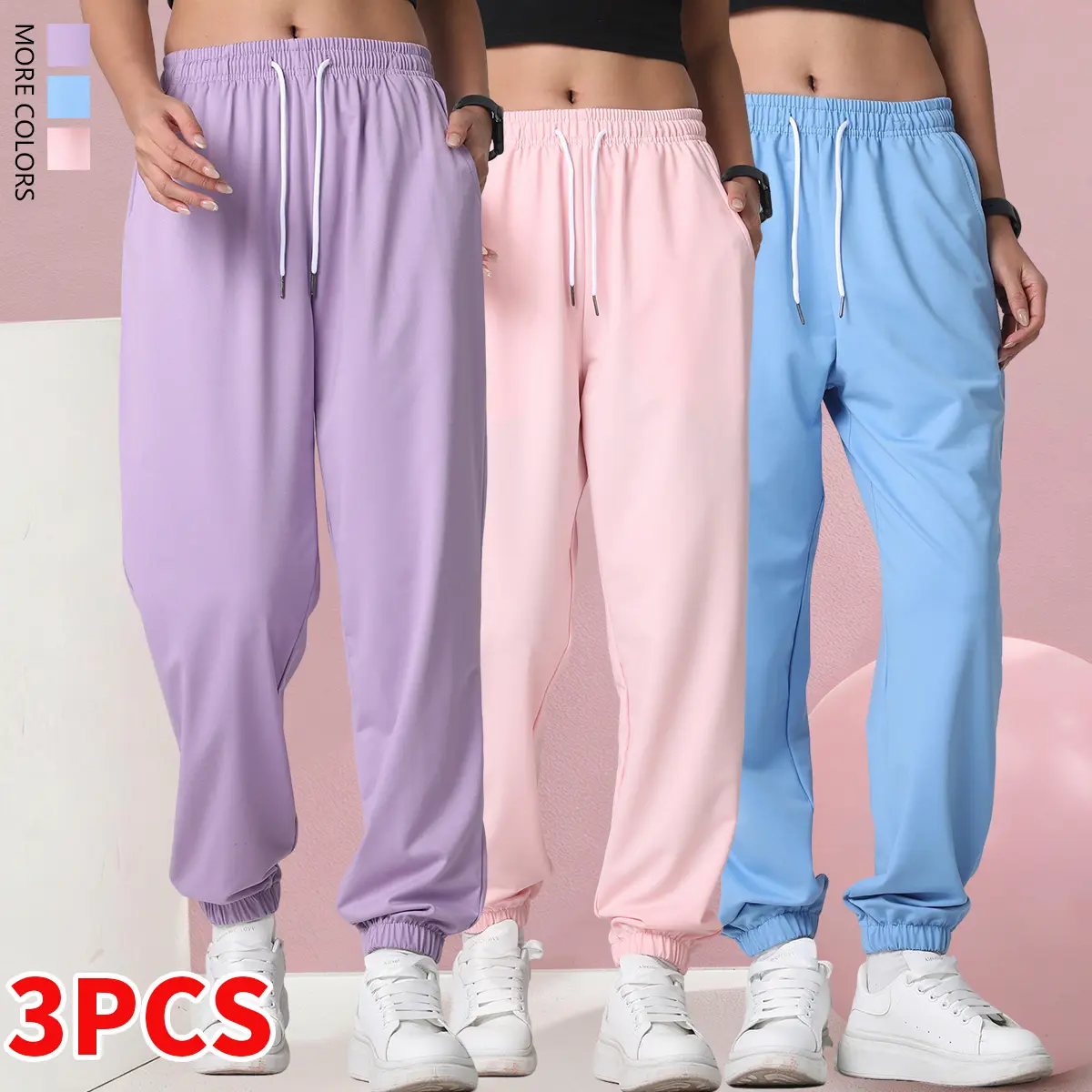 Women's 3-Piece Full-Length Casual Sports Pants Set - Polyester Clothes, Sporty Pants for Yoga, Fitness and Everyday Wear