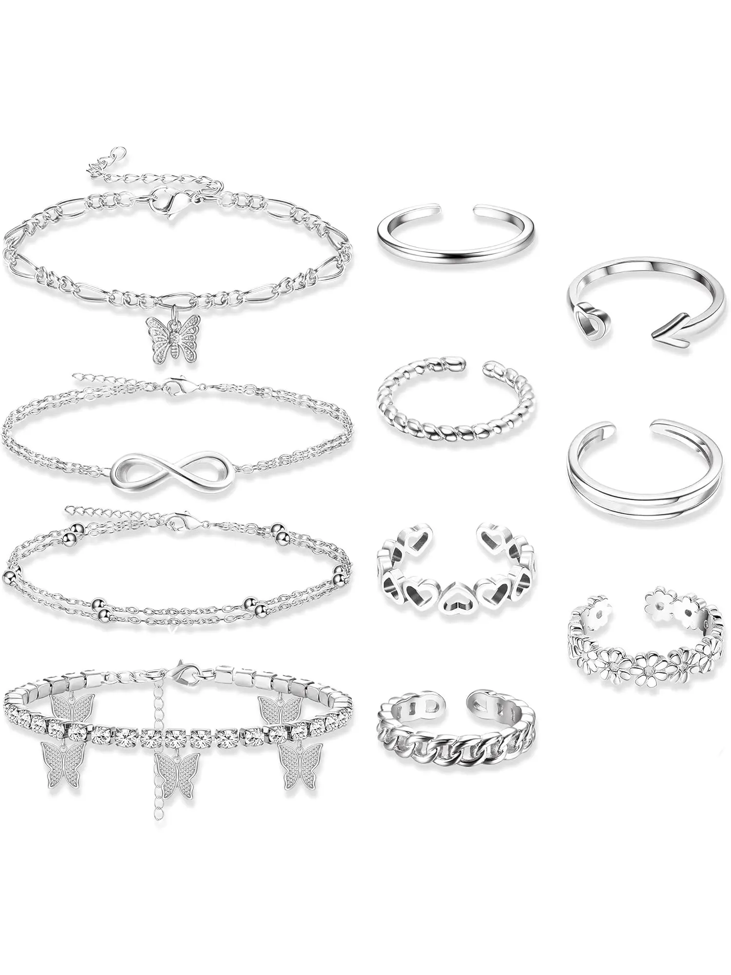 11 Pcs Elegant Butterfly Anklets Toe Rings Set for Women, Boho Layered Chain Anklet Bracelets, Adjustable Toe Rings, Beach Foot Jewelry Set