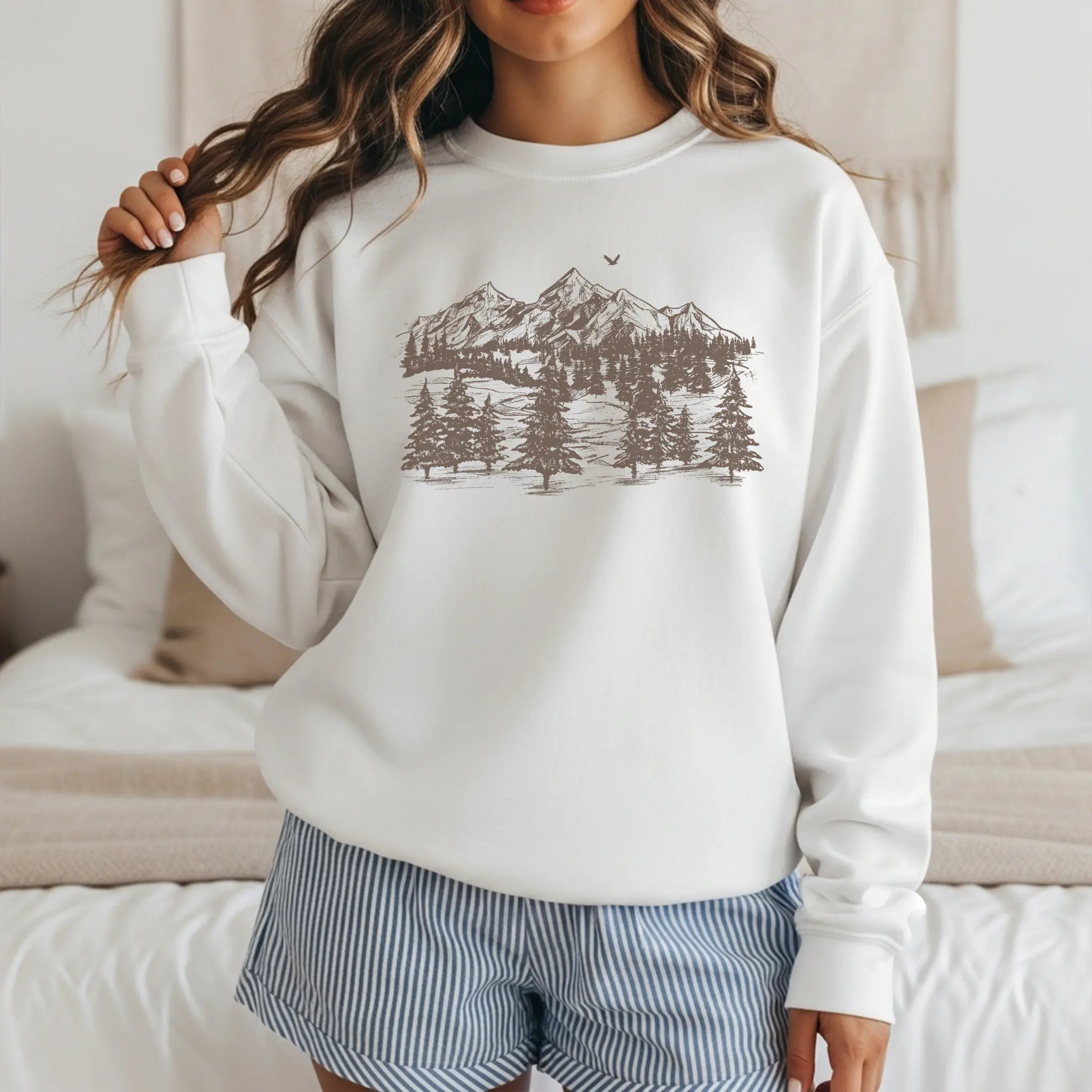 Women's Cotton Loose Round Neck Mountain View Digital Graphic Cute Fleece Pullover Sweatshirt - 2x, Casual Everyday Outdoors Top, Modest Layering Classic-Fit Basics, Soft Women's Tops