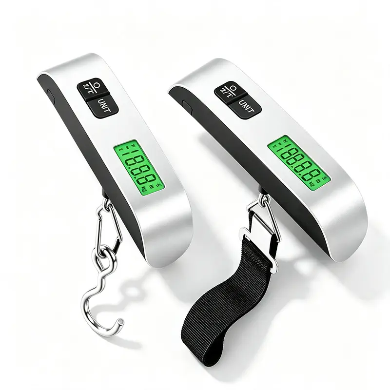 Digital luggage scale, 110 pound luggage scale, 2-piece silver | LCD backlit display screen, temperature sensor, tare function, stainless steel durable design, suspended luggage weight scale