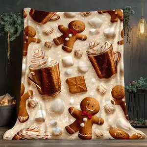 1Pc Gingerbread & Hot Chocolate Print Flannel Blanket - Soft Warm Lightweight All-Season Throw With Gingerbread Men, Marshmallows & Candy Cane Design In Brown/Beige - Cozy Couch Bedspread For Christmas Winter Home Decor, Travel, Gifts - Durable Easy-Care