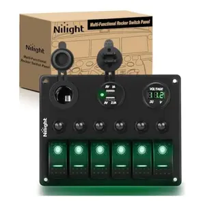 Nilight 6 Gang ON Off Rocker Switch Panel Backlit 12V 24V LED Digital Voltmeter Dual USB Charger Socket Overload Protection Switch Panel For Cars RVs Boats Decorative Lighting