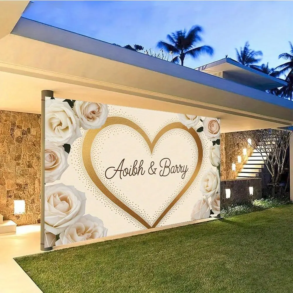 1PC Custom 2D Flat Wedding Backdrop - Romantic White Rose & Gold Heart Design, Personalized with Couple's Names, Reusable Polyester Decorative Banner, Ideal for Wedding Ceremony, Photo Use (Indoor/Outdoor)