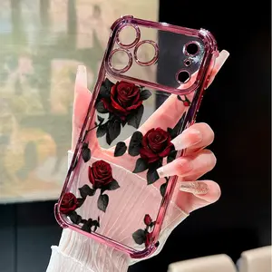 Four Corners Air Cushion Anti-drop Cell Phone Case for iPhone 17 Pro Max 16 15 Plus Air 14 13 12 11 E Elegant Red Roses Pattern Electroplated Transparent Silicone Cover