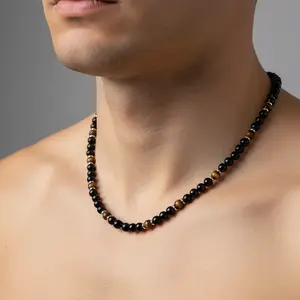 Black Onyx and Tigers Eye 6mm Beaded Mens Necklace