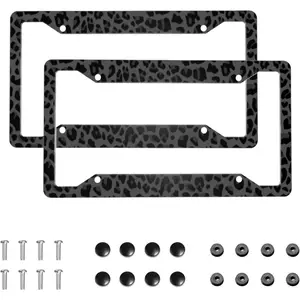 Black Leopard Print License Plate Frames, 2 Pack Cheetah Rust-Proof Aluminum License Plate Holder, Car Decorative Tag Frames with Screws Fasteners Caps fits Standard US Vehicles Size 12.3 X 6.3 in
