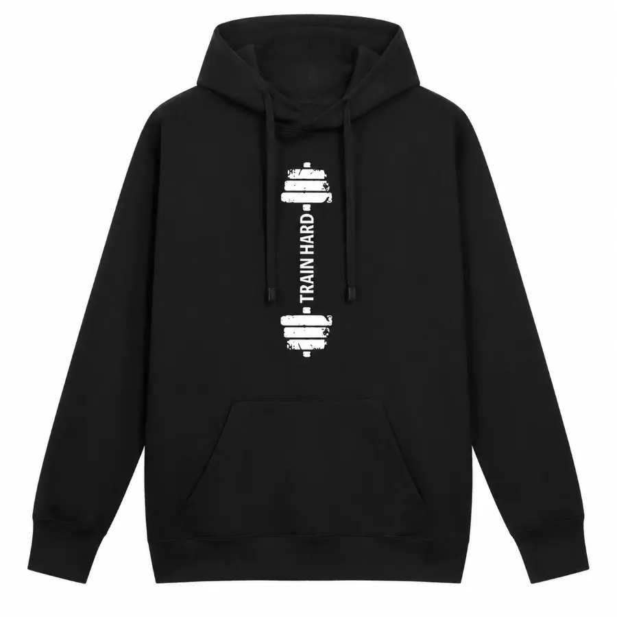 Train Hard Dumbbell Graphic Pullover Hoodie Unisex Long Sleeve Sweatshirt For Weight Training Bodybuilding Fans Casual Athletic Streetwear Clothing