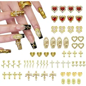 64pcs Gold Nail Charms Set with Gold Cross, Hearts, Rose, and Virgin Mary - Y2K 3D Chrome Nail Decorations