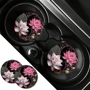 Lotus Yin Yang Car Coasters (2 Pack), Non-Slip Absorbent Cup Holder Mats, Zen Floral Print, Perfect for Spiritual & Calm Car Vibes, Accessories For Car, Car Interior Accessories