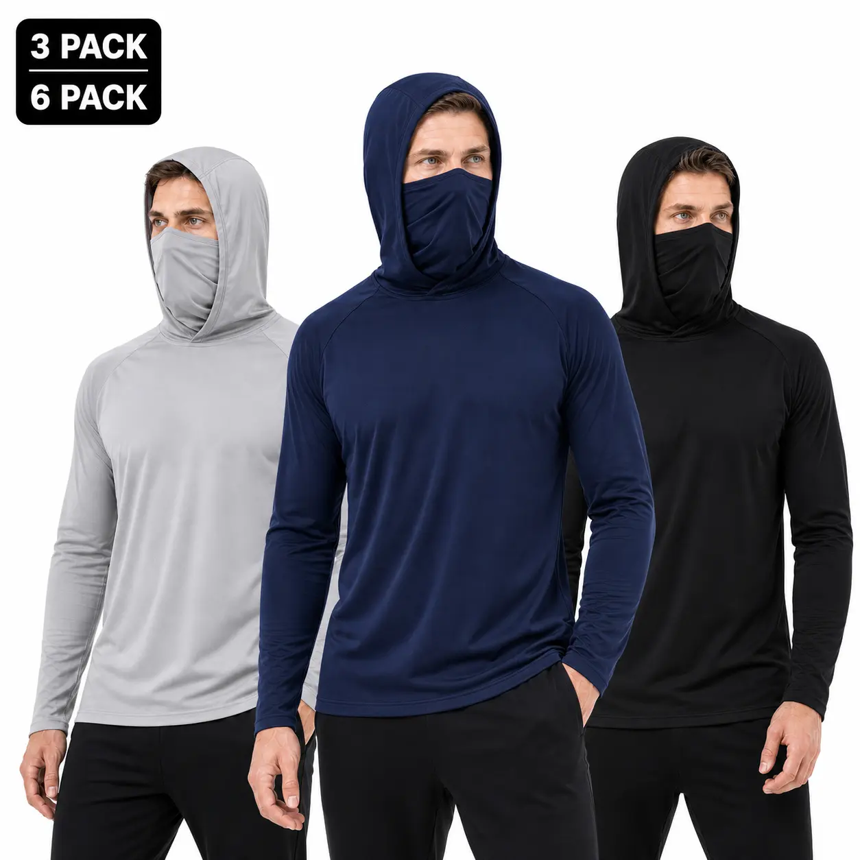 3/6-Pack Men's Hooded Work Shirts with Built-In Face Cover, Lightweight Quick-Dry Long Sleeve Outdoor Shirts for Fishing, Hiking and Work