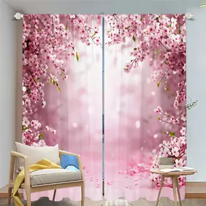 2Pcs Romantic Pink Sakura Print Curtains, Beautiful Blossom Window Drapes for Bedroom Living Room Kitchen Decor, Home Soft Furnishings, Light Filtering Treatments, Aesthetic Translucent tube bag design