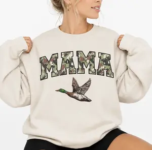 Women's Long Sleeve Fitted Cotton Round Neck Crewneck Sweatshirt - Mama Duck Hunt Camo Bottomland Pattern, Tops for Hunting Season Clothes, Gifts for Camo Mom