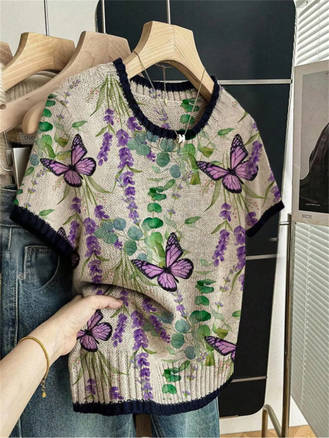Butterfly Floral Print Round Neck Sweater, Fitted Casual Short Sleeve Fashion Knitwear for Spring Summer Fall, Comfortable Warm Women's Clothing