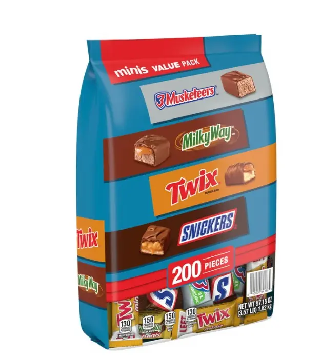 Mars Minis Chocolate Candy Variety Pack, 200-Count Pouch/Bag Including Musketeers, Milky Way, Twix, Snickers Mini Bonbon Snacks with Variable Servings