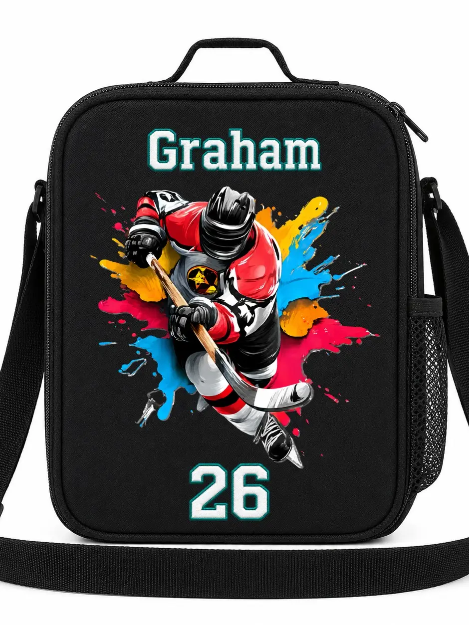 Insulated Canvas Lunch Bag for Hockey Fans - Customizable with Name and Number, Functional Luggage & Bags Accessory