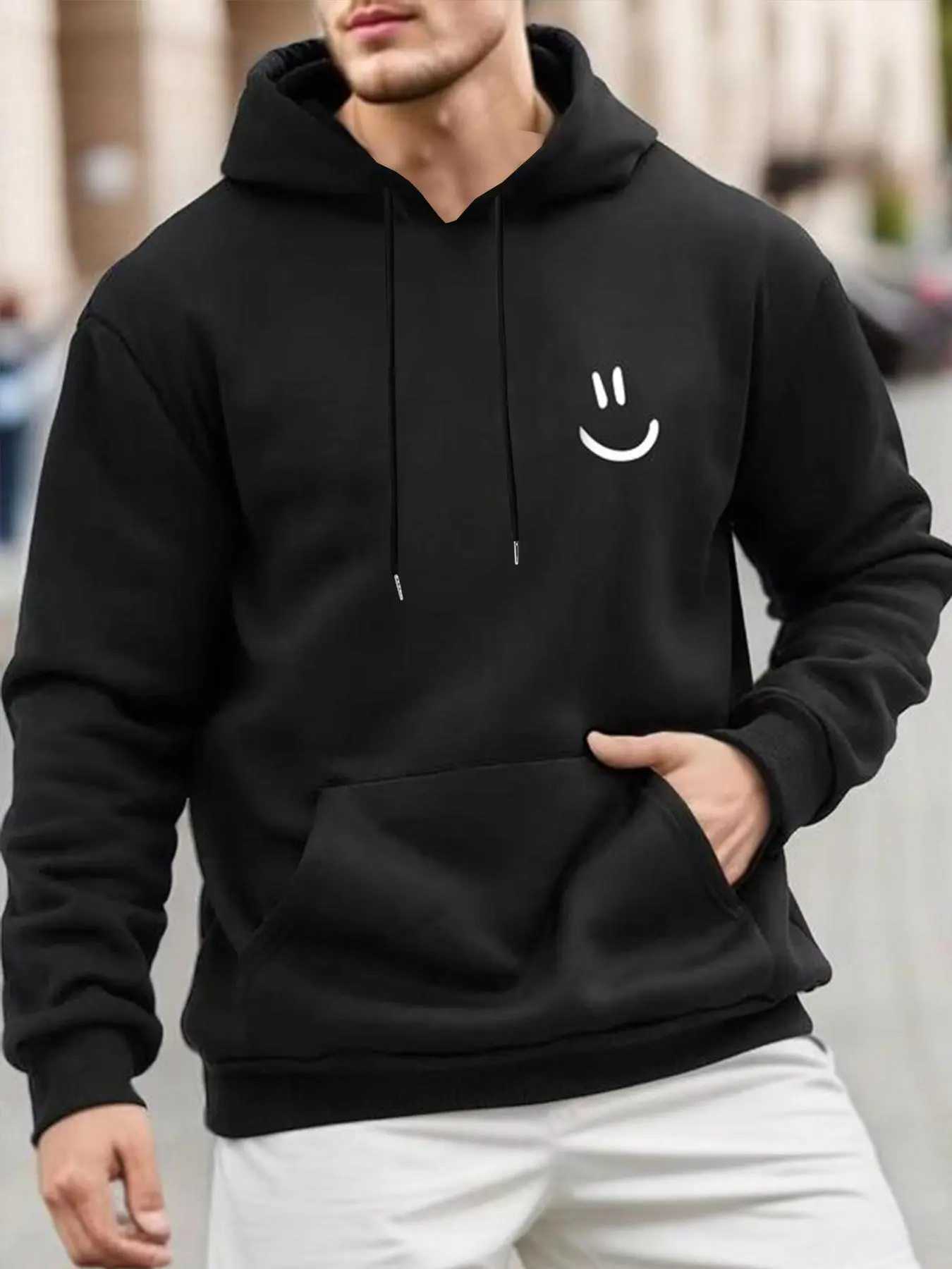 Men's Cartoon Smile Face Print Drop Shoulder Long Sleeve Pullover Hoodie, Fashion Casual Regular Fit Drawstring Pocket Hooded Sweatshirt for Daily Holiday Outdoor Wear, Men Clothes for Spring & Fall, Casual Streetwear Sweatshirt