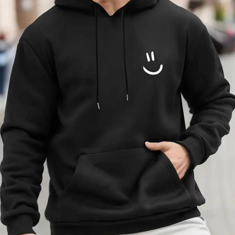 Men's Cartoon Smile Face Print Drop Shoulder Long Sleeve Pullover Hoodie, Fashion Casual Regular Fit Drawstring Pocket Hooded Sweatshirt for Daily Holiday Outdoor Wear, Men Clothes for Spring & Fall, Hoodie with Pockets