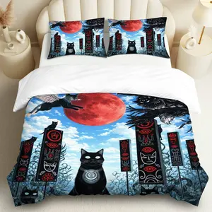 3PCS Duvet Cover Set, 1 Duvet+2 Pillowcases(Without filler), Cat Moon Gothic Halloween Ravens theme, Halloween bedding set, Spooky Mysterious Night Suitable for decoration bedroom living room guest room dormitory.