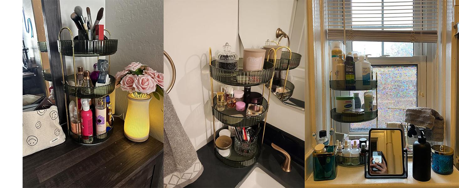 360-Degree Rotating Makeup Organizer, Bonus12-slot lipstick holder,Cosmetic Storage Display Case for Bathroom Vanity Countertop, Skincare and Perfume Storage Organizers, Jewelry Dresser Organizer, 3-Tier, Green