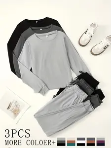 Women's Homecoming Set, 3-Piece Long Sleeve Round Neck Top & Ankle-Length Pants, Soft Fabric, Casual Comfortable Daily Wear