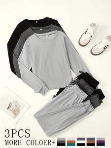 women's homecoming set, 3-piece long sleeve round neck top & ankle-length pants, soft fabric, casual comfortable daily wear