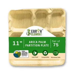 Areca Palm Leaf Square Partition Plates 11-Inch Pack of 75