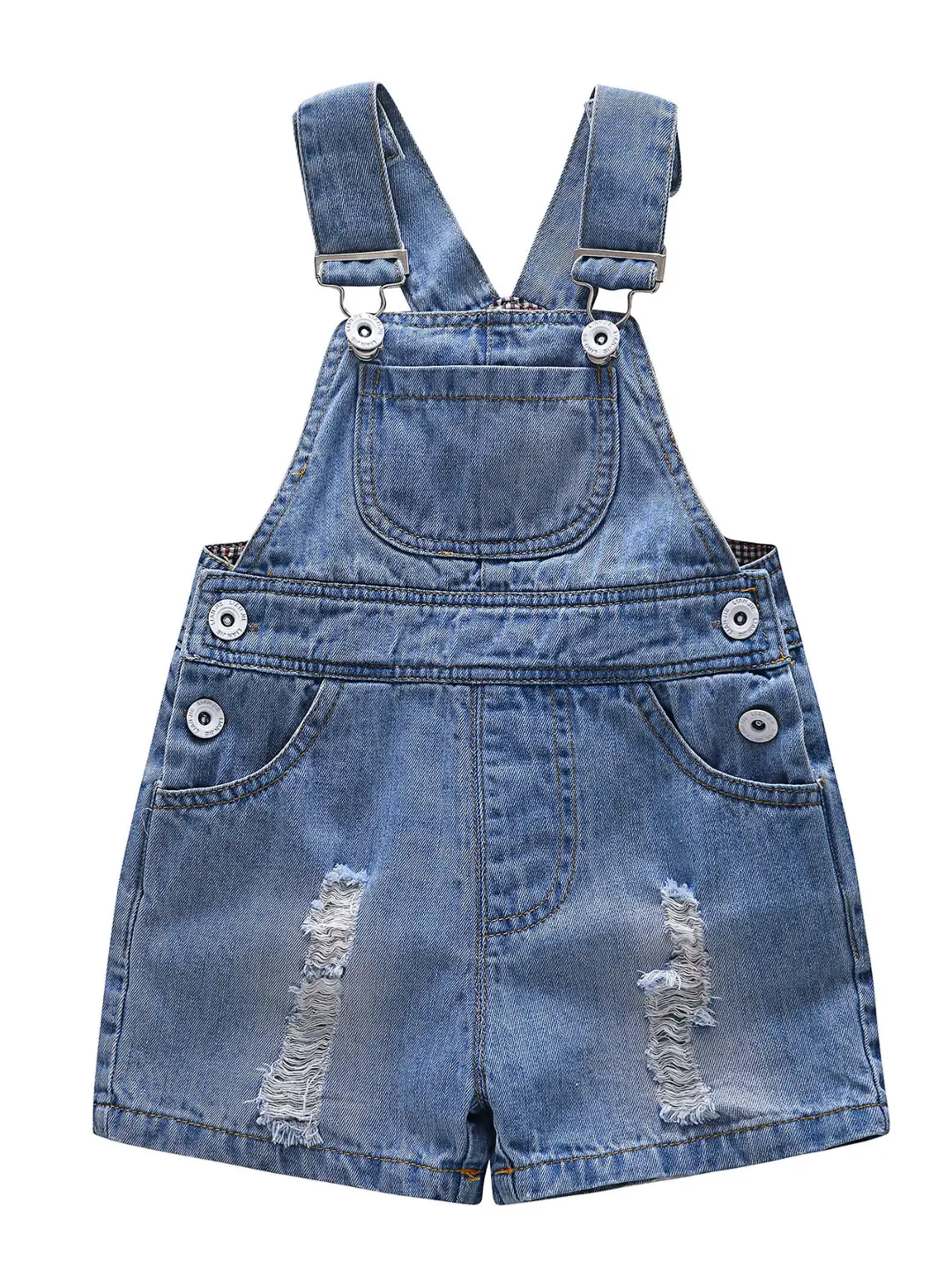 Kidscool Space Toddler Girls' Raw Edge Distressed Light-Wash Denim Shortalls - Toddler Fashion Denim Fabric Playful Outfit, Adjustable Straps, Snap Buttons, Bib, Side Pockets, Double Side-Button Closures for Summer Family Photos, Machine Washable