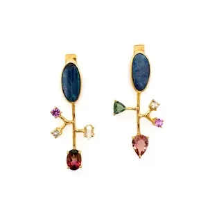 14k Gold Asymmetrical Tourmaline & Australian Opal Earrings