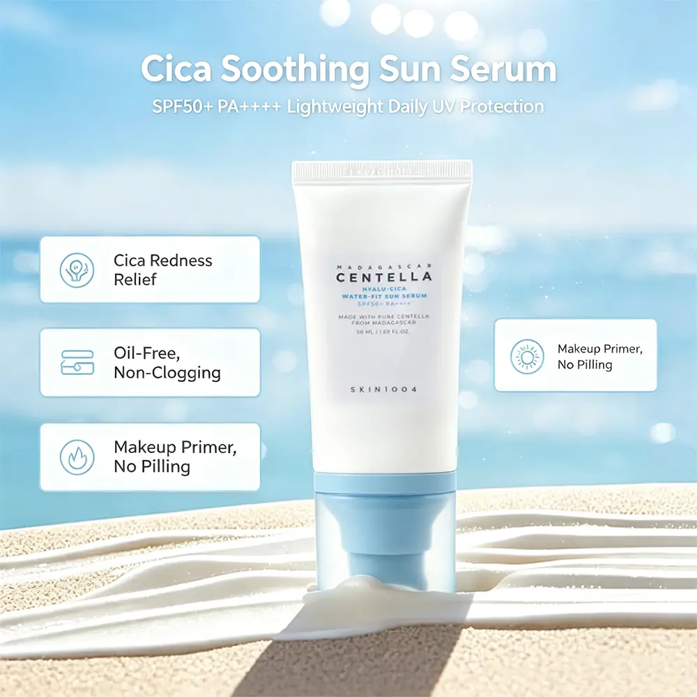 SKIN1004 Madagascar Centella Hyalu-Cica Water-Fit Sun Serum SPF50+ PA++++ 50ml, No White Cast Oil-Free Korean Sunscreen, Hydrating Cica Redness Relief UV Primer, Makeup Friendly Sun Fluid for Sensitive Oily Acne-Prone Skin