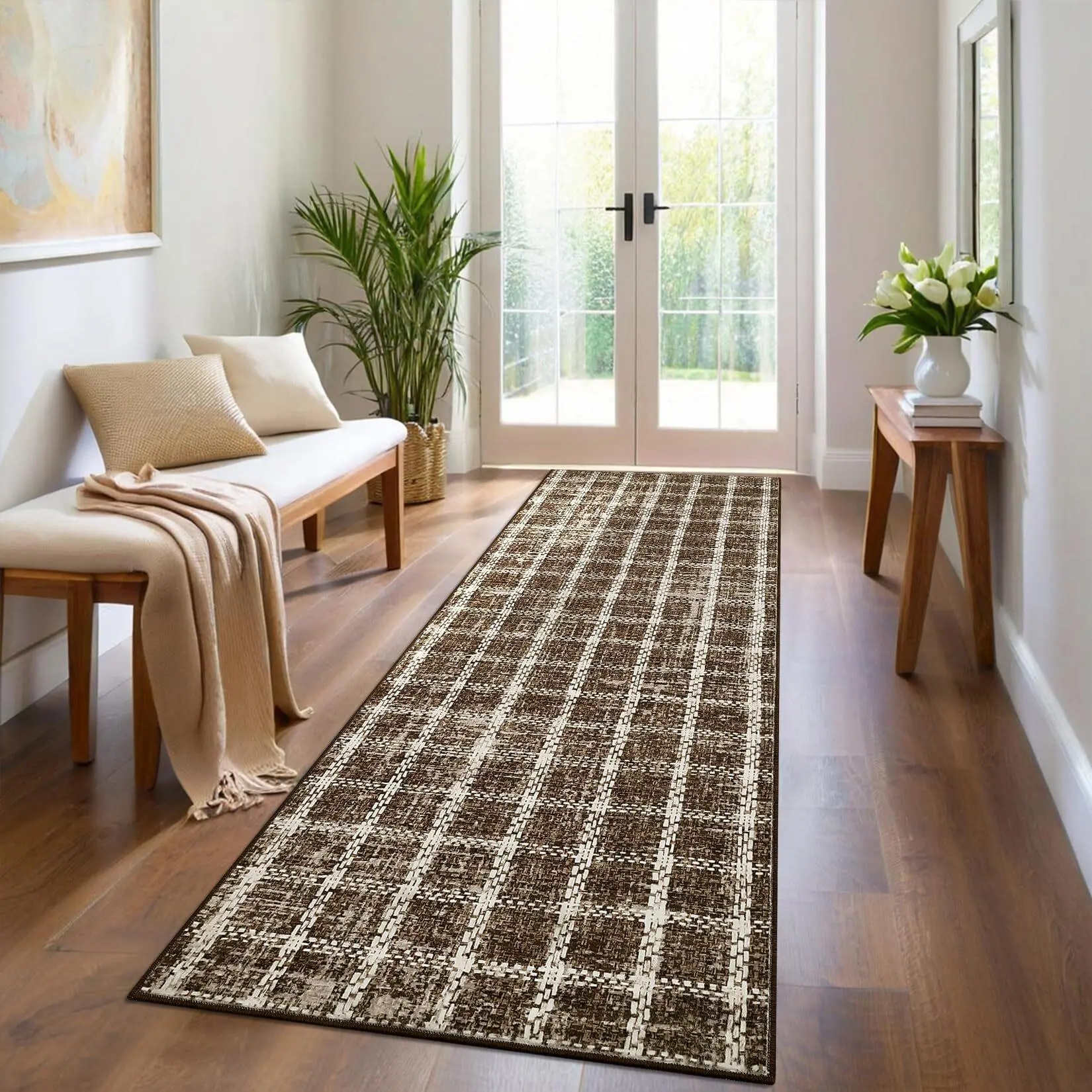 2x6 Runner Rug Washable Non Slip Kitchen Rugs Geometric Checkered Print, Modern Throw Carpet for Home Office, Taupe