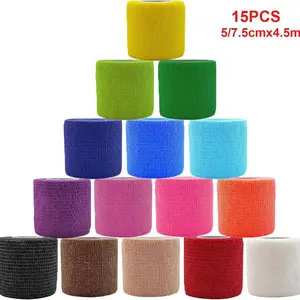 Self-Adhesive Bandage Rolls, 15 Pack, 5/7.5cm X 4.5m, Elastic Compression Socks, Leg Protection Wrap, Wrist and Ankle Support, Pet & Veterinary Use, Hand Wrap