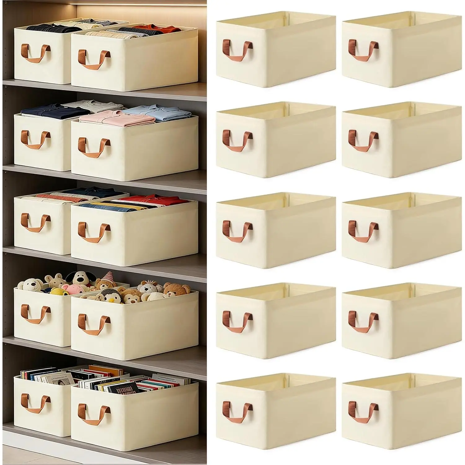 VZZNN 10-Pack Cotton Fabric Storage Bins with Sturdy Metal Handles, Medium Collapsible Slide-Open Organizer Bins for Closet Shelves & Room Household Use, Beige 15"x10"x8"