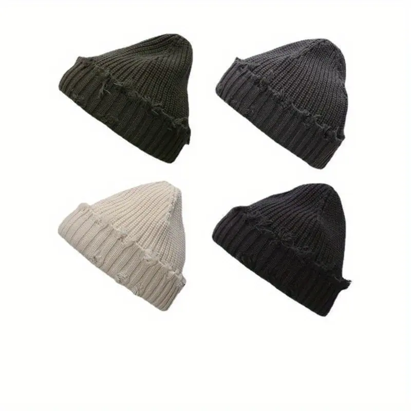 Distressed Beanie FV362404 Lightweight Stretchy Unisex Acrylic Beanie Hat with Frayed Edges for Men Women Casual Streetwear Fashion Autumn Outdoor Urban Fas beanies for men