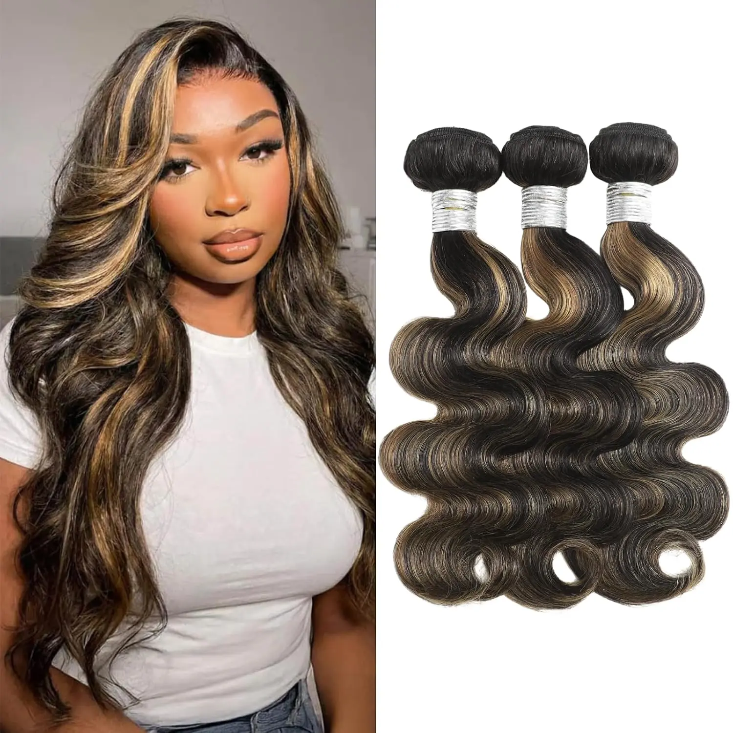 ANMETAN #F1B/27 Highlight Bundles Human Hair Body Wave, 12A Black and Honey Blonde Bundles Wavy 100% Unprocessed Virgin Remy Hair Soft Thick Sew In Deals Ombre for Black Women 300g