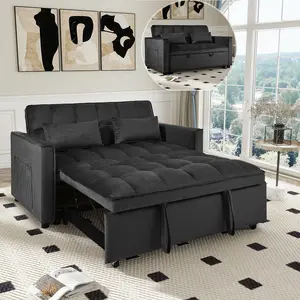 3 in 1 Convertible Sleeper Sofa Bed, Modern Futon Couch Pullout Couches Bed, Velvet Small Loveseat with Adjustable Backrest, Storage Pockets and Pillows, for Living Room Lounge