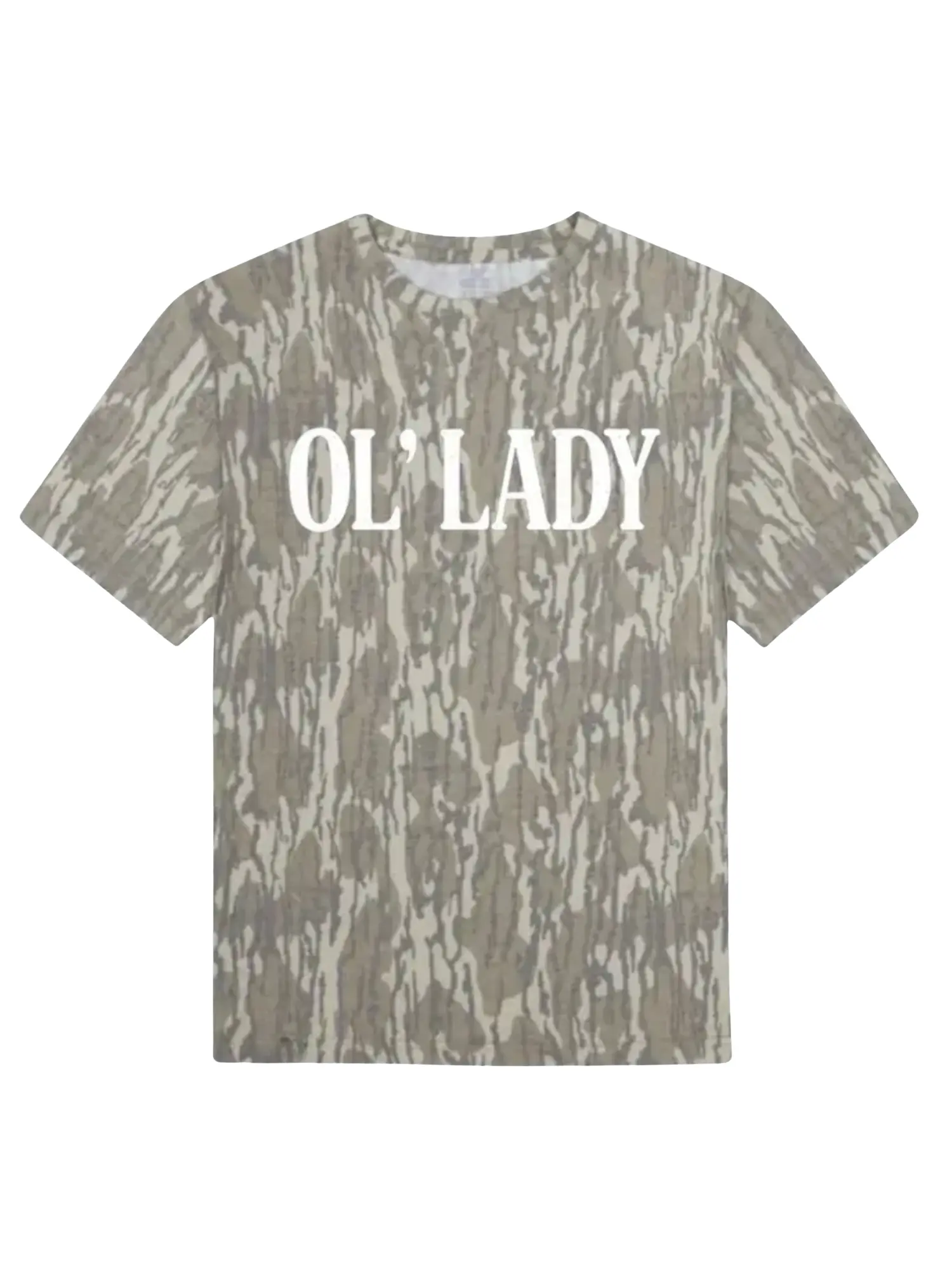 Mossy Oak Bottomland OL' LADY, Vintage Bottomland Camo Tee, Mossy Oak Washed Out Camo Logo Tee - Hunting Camo Shirt, Soft Stretch Cotton Crew Neck Tee For Men and Women, Full Size S-5XL
