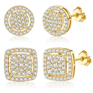 925 Sterling Silver Ear Needles Earrings for Men Woman, Silver/Gold Plated Earrings for Men, Halo Square Earrings Mens Stud Earrings Set