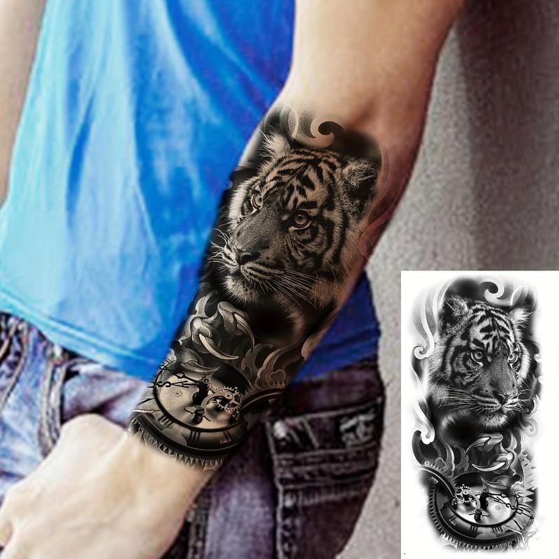 Rechal 8 Sheets Realistic Tribal Large Tiger Temporary Tattoo Stickers For Women Adults, Half Arm Sleeve Tattoos For Men, 3D Black Tiger Compass Flower Tattoos Decals